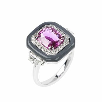 Oui collection ring with pink sapphire, white diamonds and grey enamel