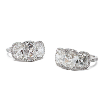 Bayco 'Cosmopolitan' 3.79ct antique 3 stone cushion cut diamond ring in platinum setting 
