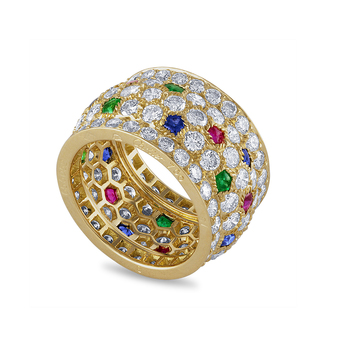 Pre-owned Cartier ring with sapphires, emeralds, rubies and diamonds in 18k yellow gold