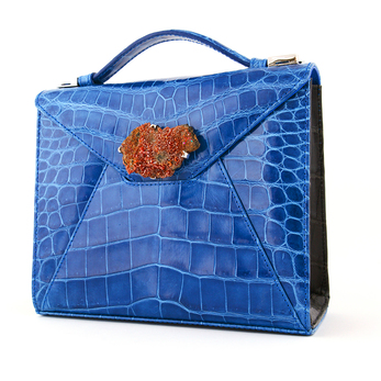 ‘Zain’ envelope handbag in blue crocodile leather with amber stone and silver plated frame