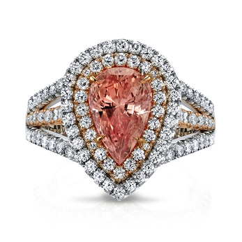 Ring with pear cut 5.44ct Padparadscha sapphire and diamonds in 18k rose gold and platinum