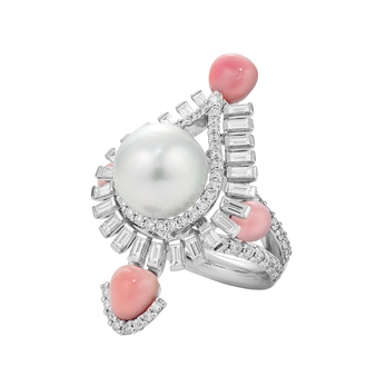 'Persica' collection ring with 1.84ct diamonds, conch pearls and pearl in white gold