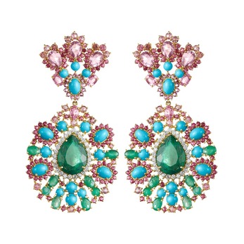 Earrings with 25.50ct emerald, amethyst, diamond, ruby, rubellite and turquoise in 18k yellow gold