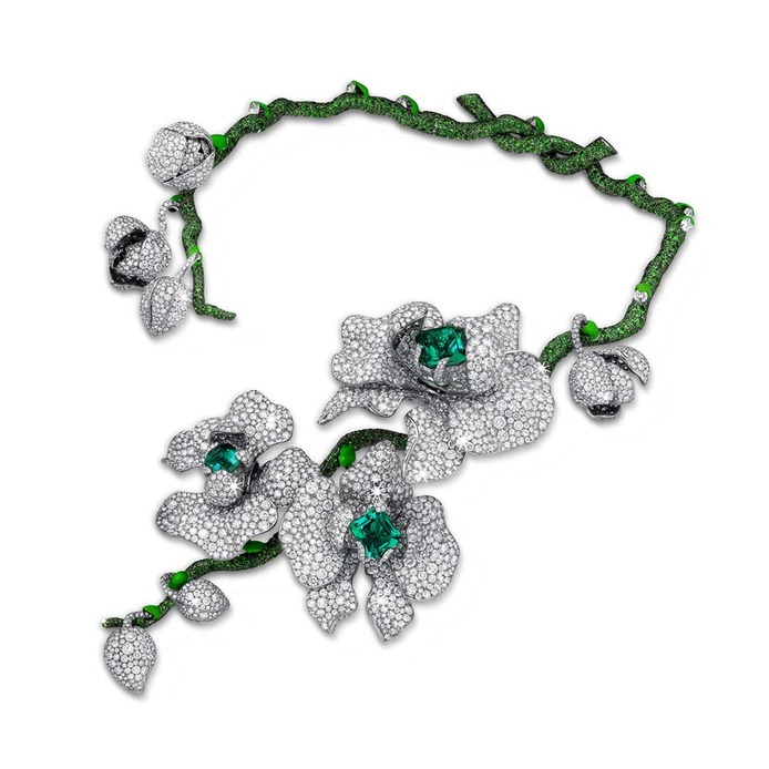 'Orchid King' necklace with emerald, diamond, tsavorite and enamel