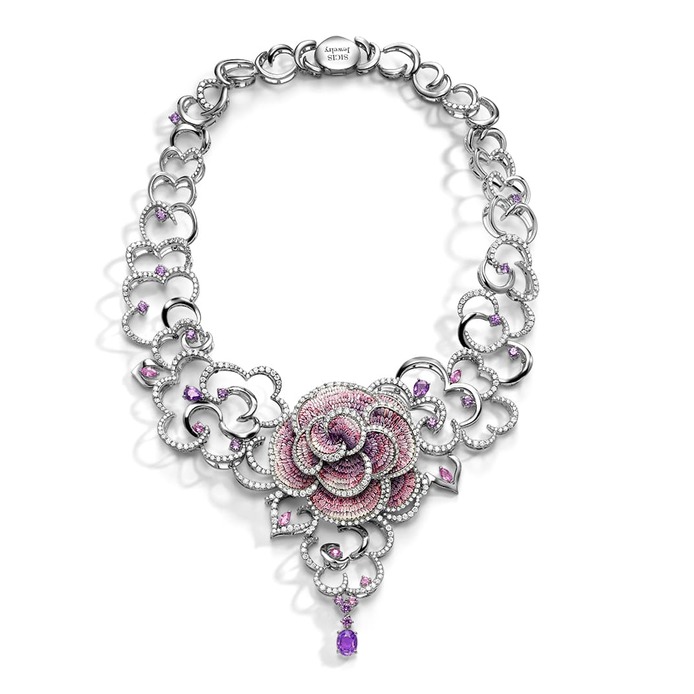 'Purple Carpet' necklace with micromosaic, purple sapphire and diamond in 18k white gold