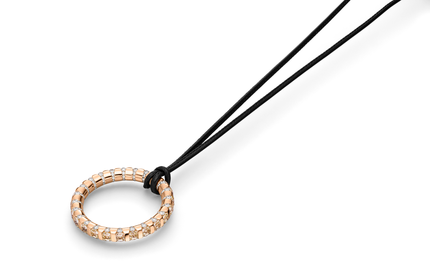 Schaffrath Paradoxal necklace in 18k rose gold with an adjustable leather strap, set with 6.05 carats of Asscher-cut diamonds in very light brown hues, and more than two carats of round brilliant-cut diamonds 