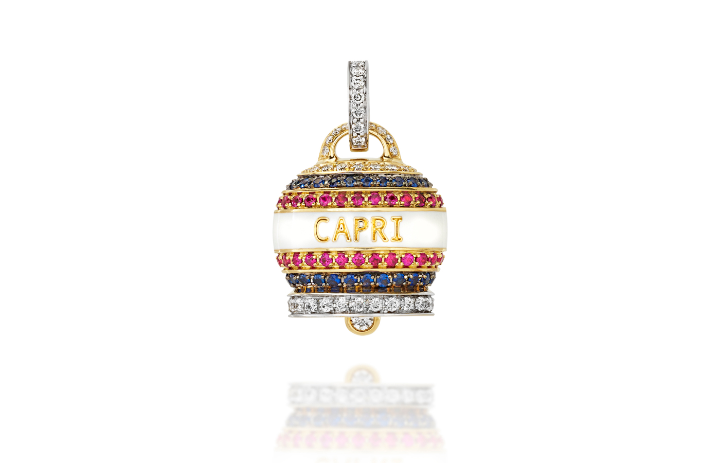Chantecler Campanella Capriness charm in gold, white gold, white enamel, ruby, sapphire and diamond