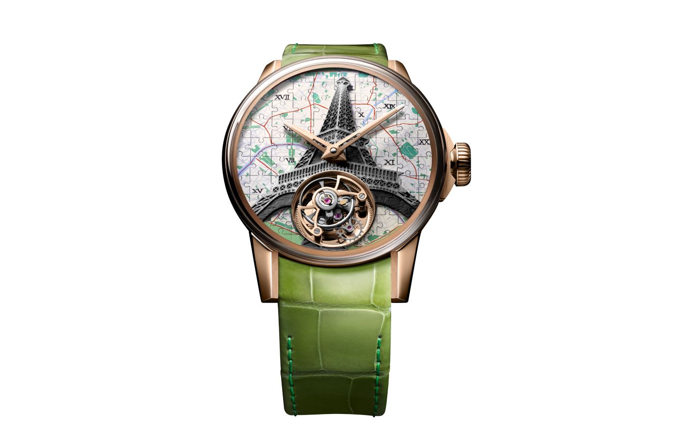 Louis Moinet Around the World Paris watch dial made from 81 interlocking pieces reproducing the map of Paris and a hand carved Eiffel Tower made from a fragment of an original beam