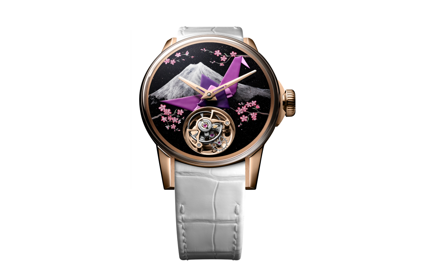 Louis Moinet Around the World Tokyo watch dial featuring an origami crane made from a piece of metallic paper, hand-painted cherry blossoms and Mount Fuji, against a starry-spangled aventurine backdrop