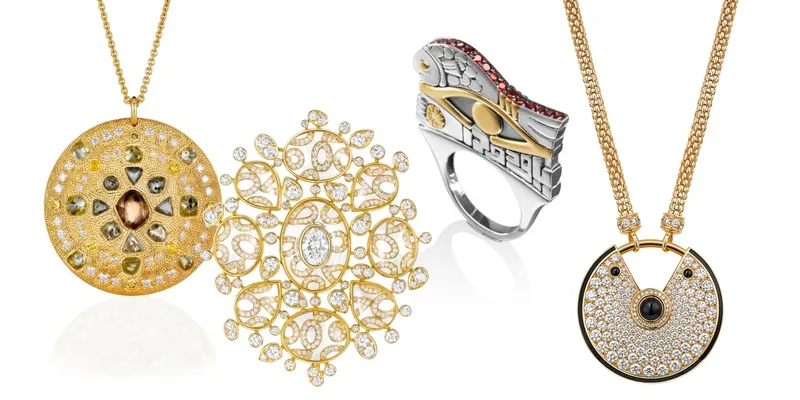 <p>De Beers Talisman Collection with rough and polished diamonds. Chanel Talisman Brooch in gold and diamonds. Azza Fahmy Evil Eye Ring in 18 kt Gold and Sterling Silver adorned with semi-precious stones. Cartier Amulet Pendant in Yellow gold, diamonds, onyx</p>