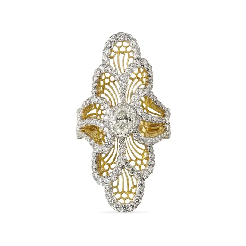 <p>Art collection ring in white and yellow gold with a central diamond stone and diamonds</p>