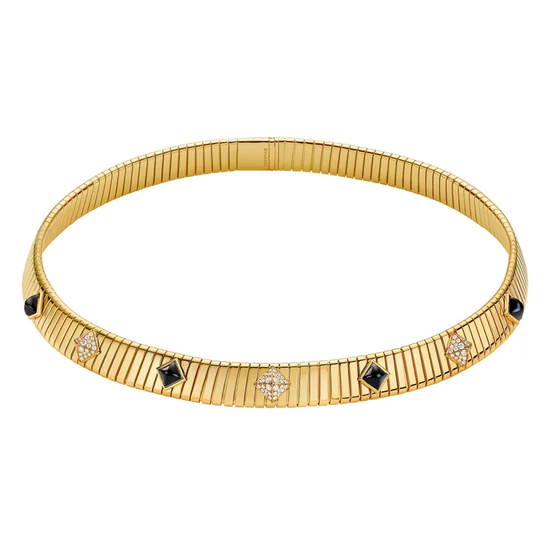 <p>Bvlgari Tubogas necklace in 18k yellow gold, with geometric, diamond-set and black onyx studs</p>