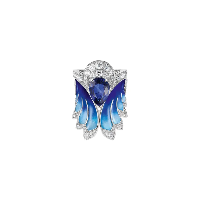 <p>Transformable Envol ring in white gold and grand feu enamel, set with a pear shape 3.61 carat Madagascar sapphire and diamonds</p>