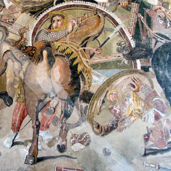 <p>The Alexander Mosaic (c. 120–100 BCE), otherwise known as the Battle of Issus Mosaic, is today housed in the National Archaeological Museum, Naples</p>