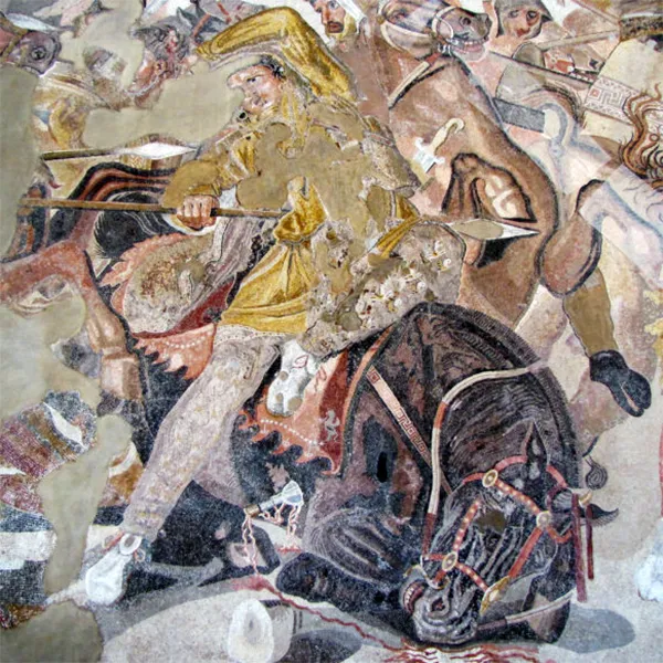 <p>The Alexander Mosaic (c. 120–100 BCE), otherwise known as the Battle of Issus Mosaic, was originally found in the House of the Faun in the ruins of Pompeii, Italy</p>