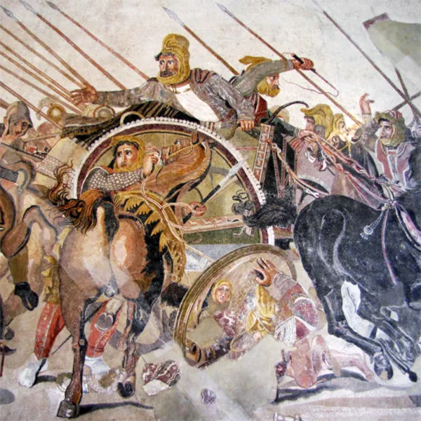 <p>The Alexander Mosaic (c. 120–100 BCE), otherwise known as the Battle of Issus Mosaic, depicts the battle between the armies of Alexander the Great and Darius III of Persia</p>