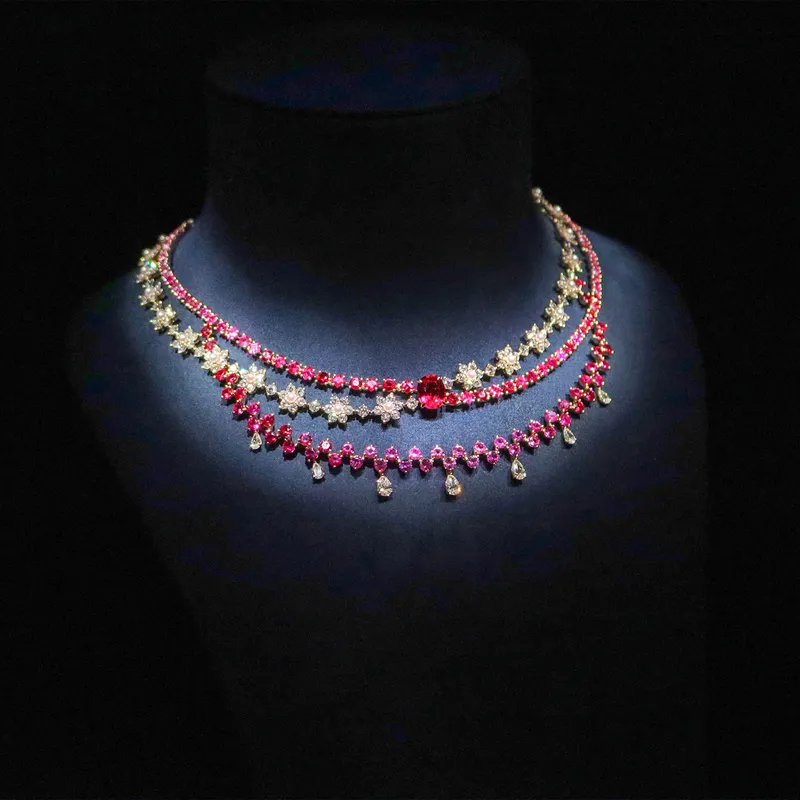 <p>A multi-layered necklace with pink and red gemstones, micro pearls and pear-shaped diamonds from the Belle Dior High Jewellery collection</p>