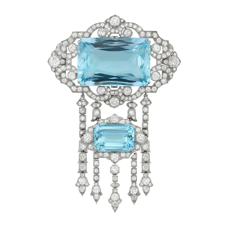 <p>The Art Deco aquamarine and diamond brooch by Hennell, circa 1930, provided by Bentley &amp; Skinner, worn by Laura Carmichael as Lady Edith</p>
