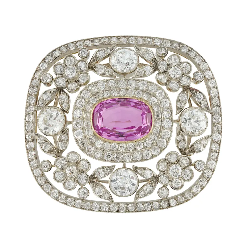 <p>A pink topaz and diamond Edwardian brooch, circa 1900, provided by Bentley &amp; Skinner for Elizabeth McGovern to wear as Cora Grantham</p>
