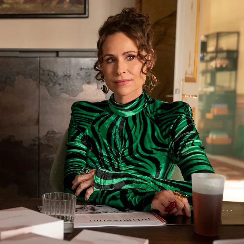 <p>Minnie Driver joined Emily in Paris in season 5 as Princess Jane. Here, she wears statement costume jewellery</p>