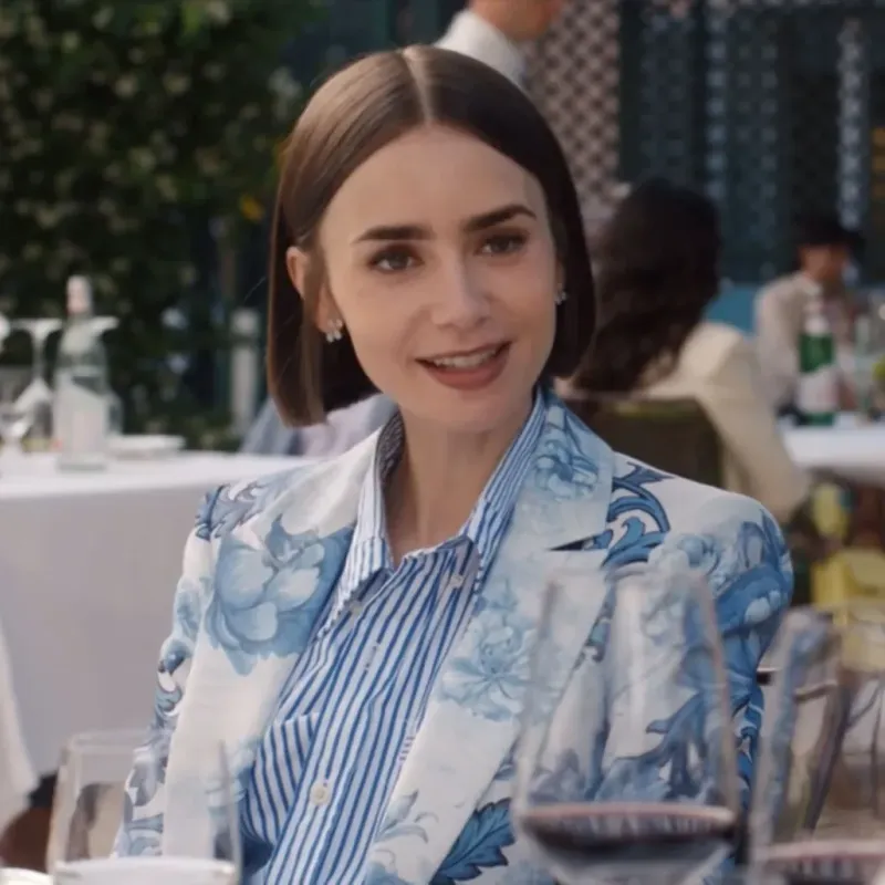 <p>A beautiful suit moment in Emily in Paris Season 5, accessorised with Guzema’s Tetra Flat diamond earrings</p>