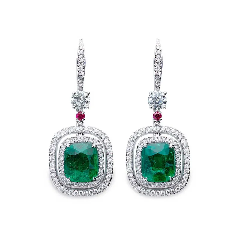 <p>‘Glowing Ember’ earrings with Colombian 2.35ct and 2.14ct emeralds, diamonds and signature ruby accent</p>

