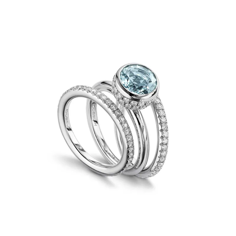 <p>‘Sparks of Fire’ rings with aquamarine and diamonds</p>
