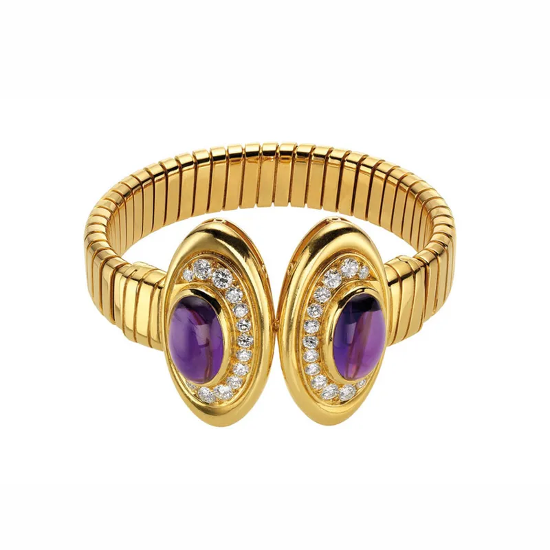 <p>Bvlgari Tubogas bracelet, circa 1972, featuring cabochon amethysts and diamonds, as worn by Lady Gaga in House of Gucci</p>
