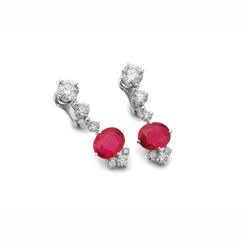 <p>The matching Bvlgari Magnifica high jewellery earrings, set with two oval pigeon&#8217;s blood rubies and diamonds in platinum</p>
