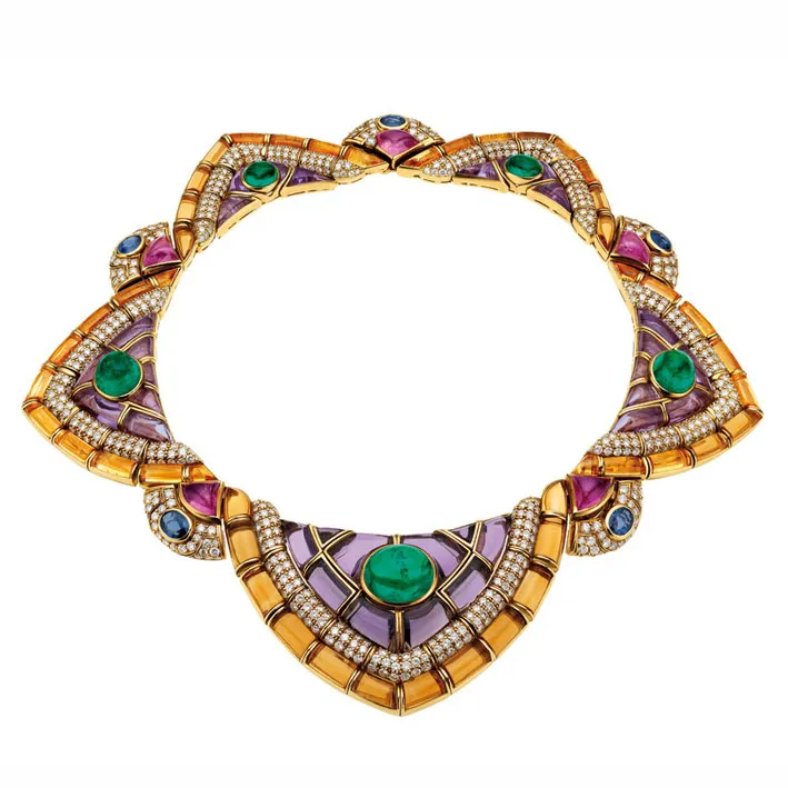 <p>Lady Gaga also wore this 1991 Bvlgari necklace in gold with amethysts, citrines, pink tourmalines, emeralds, sapphires and diamonds, formerly part of the collection of Princess Yasmin Aga Khan</p>
