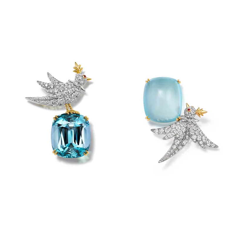 <p>Tiffany & Co. Bird on a Rock: Love Birds high jewellery brooches set with a cushion-cut aquamarine of 32.45 carats and a cushion-cut cabochon aquamarine of 41.56 carats</p>
