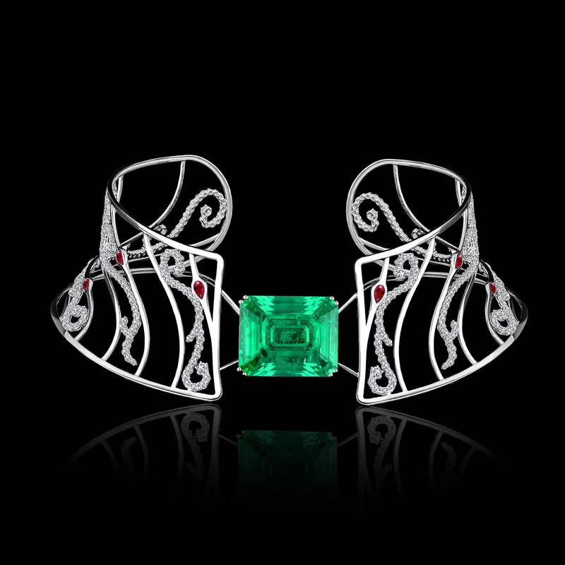 <p>Lace & Diamond emerald choker with rubies in 18k white gold</p>
