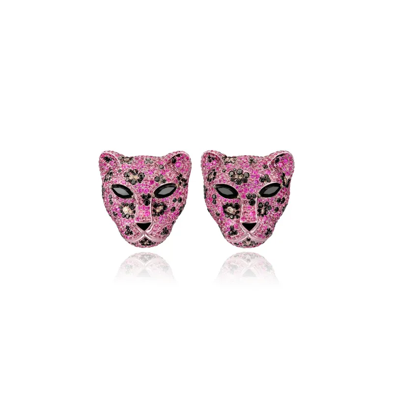 <p>Lydia Courteille Think Pink Leopard Earrings with pink sapphires, pink spinels, black spinels, black onyx, black diamonds and brown diamonds in 18k gold</p>