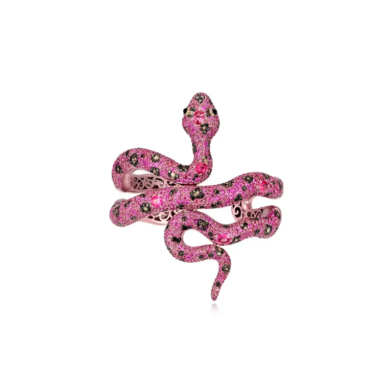 <p>Think Pink Serpent cuff bracelet ith pink sapphires, pink spinels, onyx, black diamonds and brown diamonds in 18k gold</p>