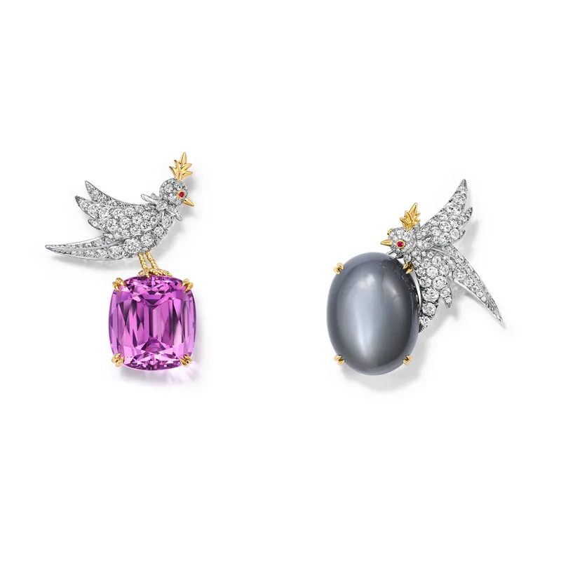 <p>Tiffany & Co. Bird on a Rock: Love Birds high jewellery brooches set with a cushion-cut kunzite of 37.72 carats and an oval cabochon moonstone of 43.77 carats</p>