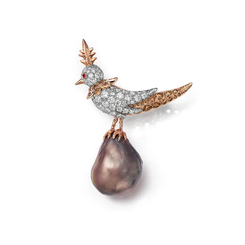 <p>Tiffany & Co. Bird on a Pearl high jewellery brooch set with an orange brown semi-baroque natural saltwater pearl of 20.15 carats</p>