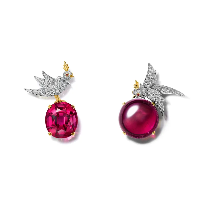<p>Tiffany & Co. Bird on a Rock: Love Birds high jewellery brooches set with an oval rubellite of 36.24 carats and a round cabochon rubellite of 62.65 carats</p>