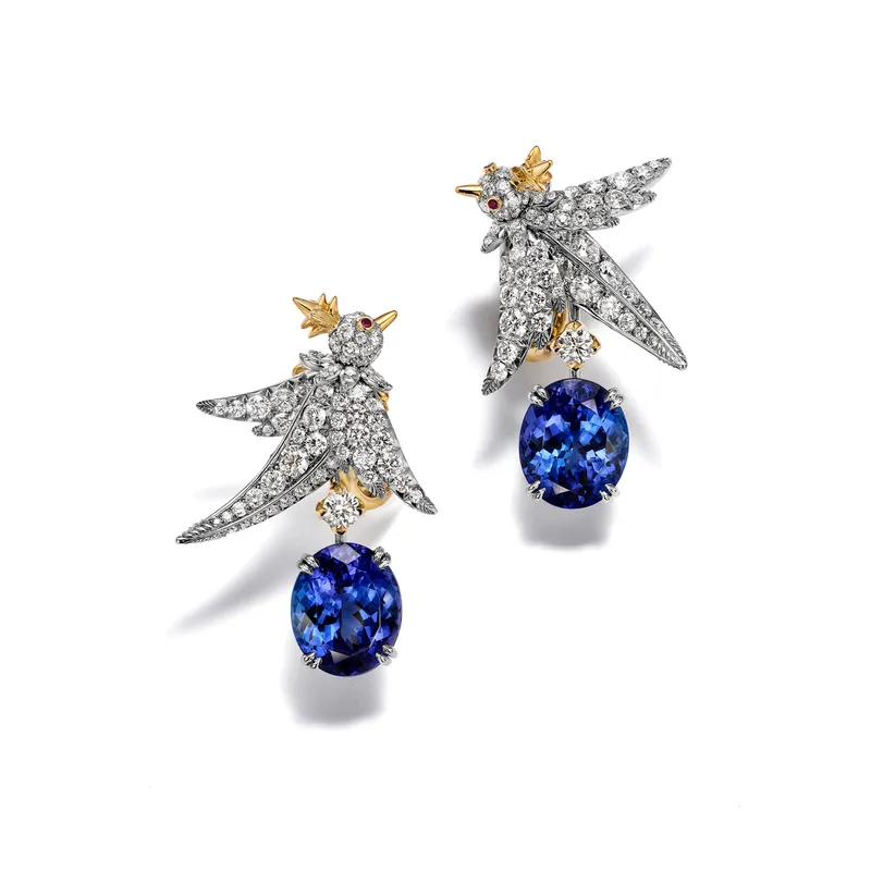 <p>Tiffany &amp; Co. Bird on a Rock High Jewellery earrings in platinum and 18k yellow gold with tanzanites of approximately 10 total carats, diamonds and rubies</p>
