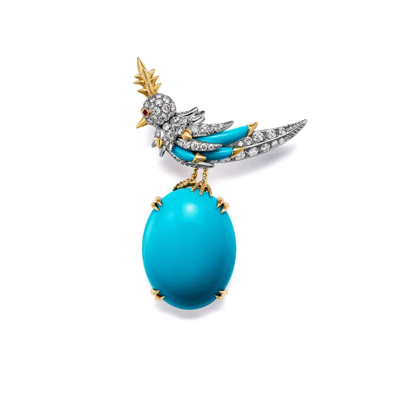 <p>Tiffany &amp; Co. Bird on a Rock High Jewellery brooch in platinum and 18k yellow gold with a turquoise of approximately 24 carats, turquoise accents, diamonds and rubies</p>
