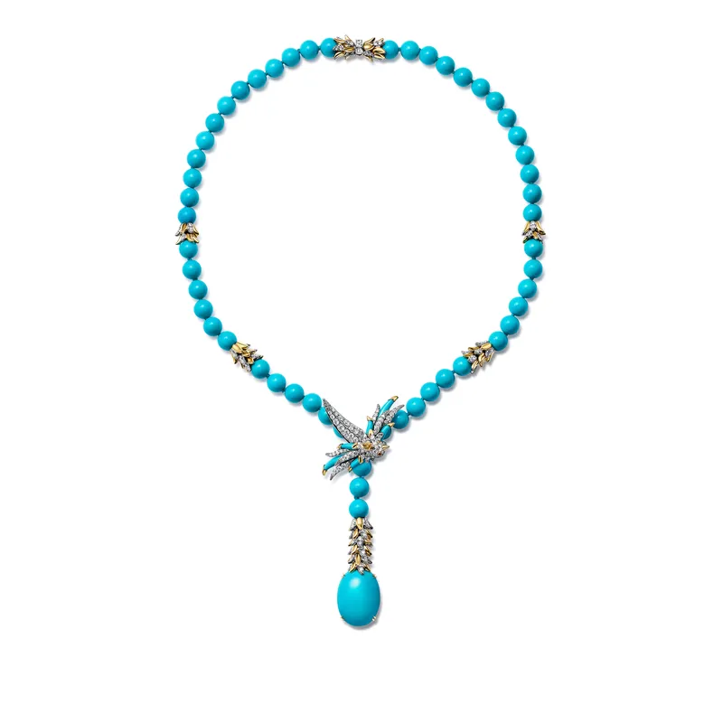 <p>Tiffany &amp; Co. Bird on a Rock High Jewellery lariat in platinum and 18k yellow gold with a turquoise drop of approximately 16 carats, 54 turquoise beads, turquoise accents, diamonds and rubies</p>
