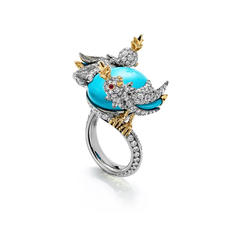 <p>Tiffany &amp; Co. Bird on a Rock High Jewellery Wrap ring in platinum and 18k yellow gold with a turquoise of approximately 11 carats, turquoise accents, diamonds and rubies</p>
