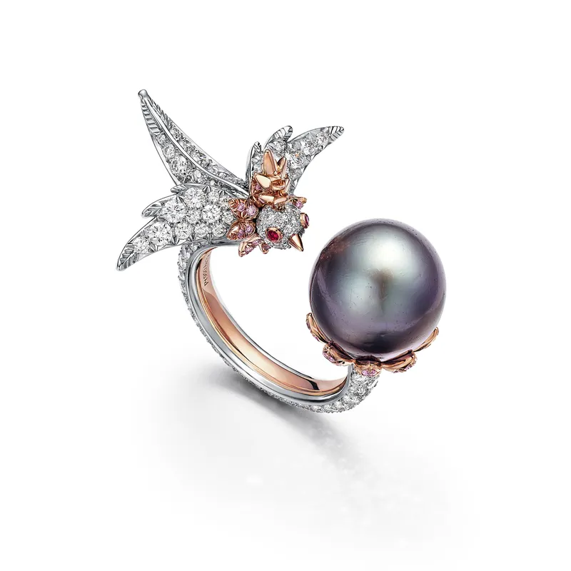 <p>Tiffany & Co. Bird on a Pearl high jewellery ring in 18k rose gold and platinum with a dark grey oval natural saltwater pearl of 12.36 carats, Fancy Pink diamonds, rubies and diamonds</p>