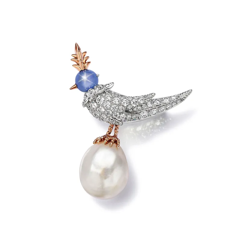 <p>Tiffany & Co. Bird on a Pearl high jewellery brooch set with a white semi-baroque natural saltwater pearl of 18.30 carats, a star sapphire and diamonds</p>