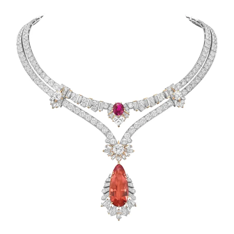 <p>Sous Les Etoiles Centura necklace with detachable pendants in white gold, rose gold, one pear-shaped imperial topaz of 24.38-cts, one oval-cut pink sapphire of 3.03-cts, pink sapphires and diamonds</p>