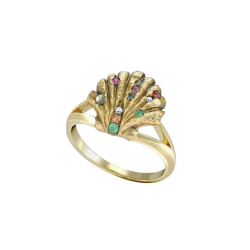 <p>‘Lady V’ ring with diamond, emerald, sapphire, moonstone and ruby in 18k yellow gold</p>
