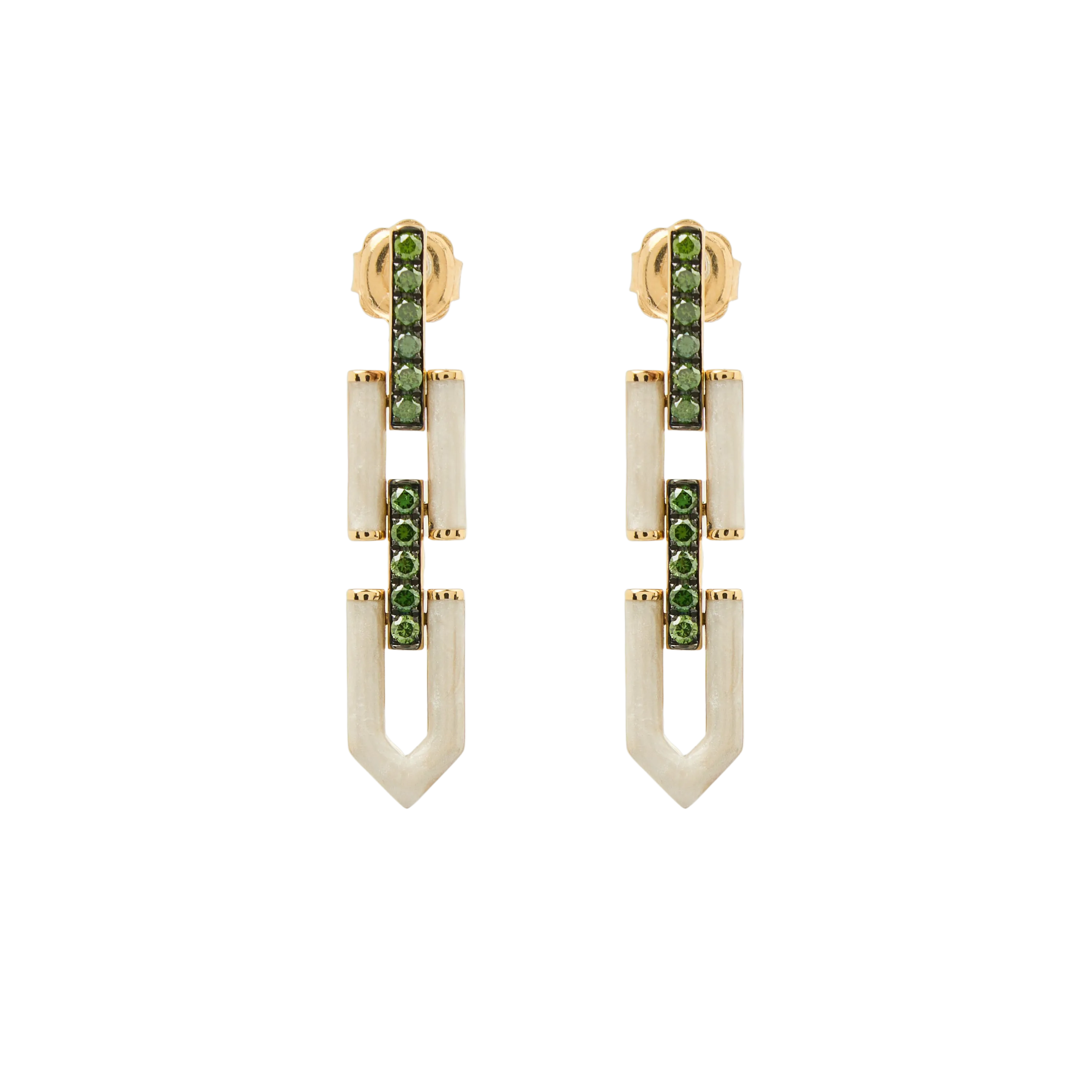 Dionysios Fine Jewels Athena earrings set with white pearl and green diamonds in 18k yellow gold 