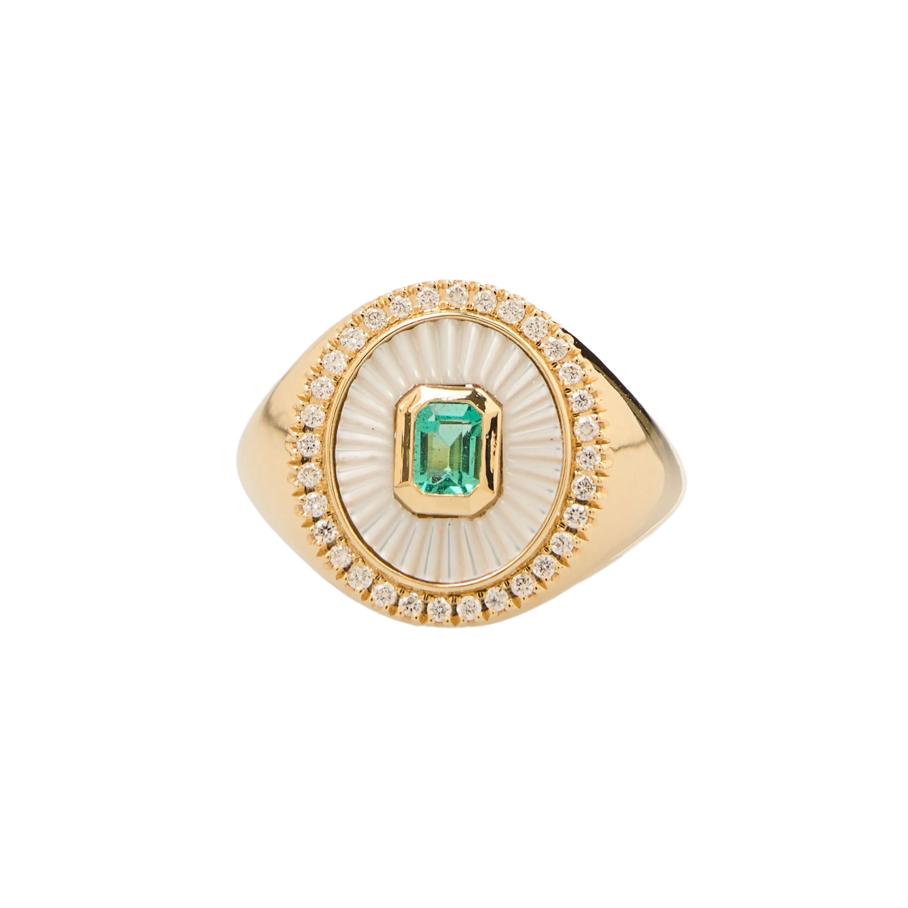 A statement cocktail ring with an emerald centre stone in 18k yellow gold from the Theros collection by Dionysios Fine Jewels