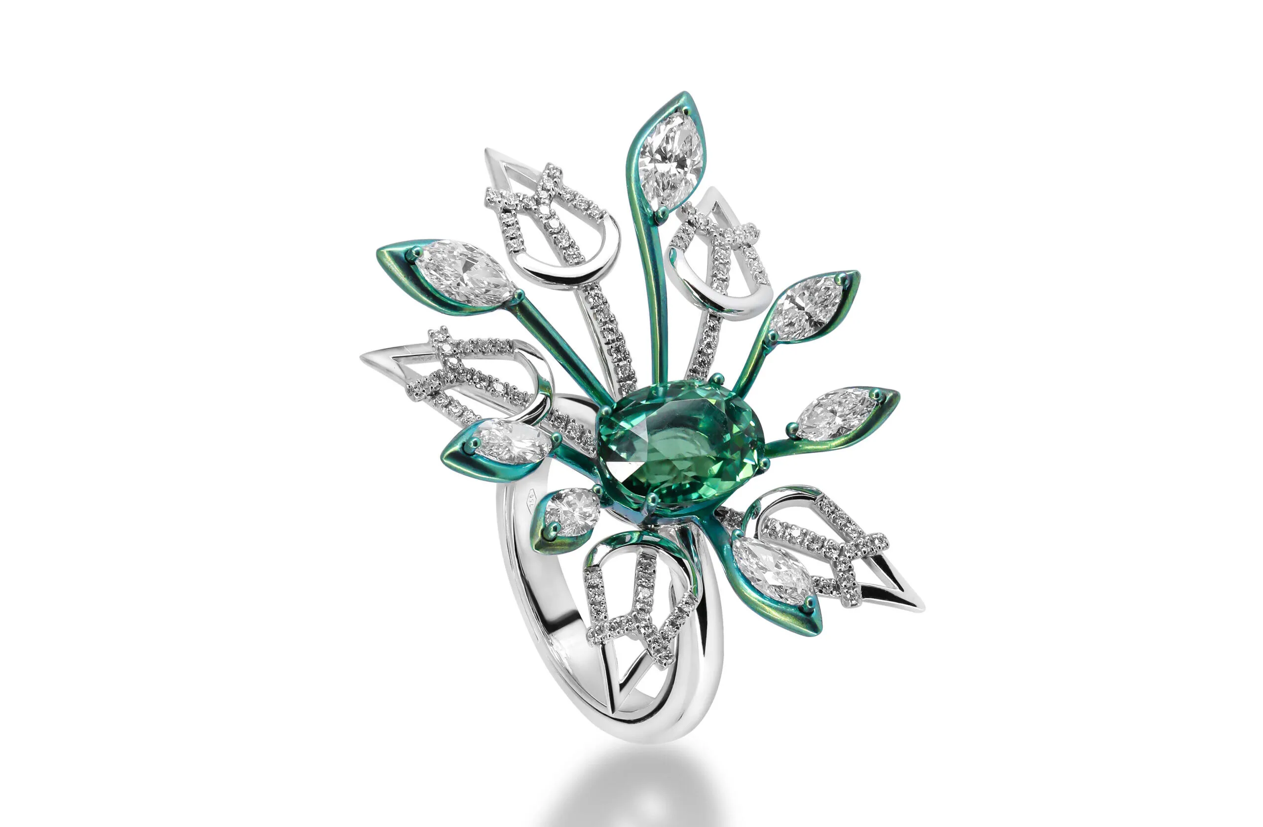 Mayiana MY Firework ring with a 4.10-carat tourmaline, marquise diamonds of 2.03 carats and further diamonds set in 18k white gold and green titanium 