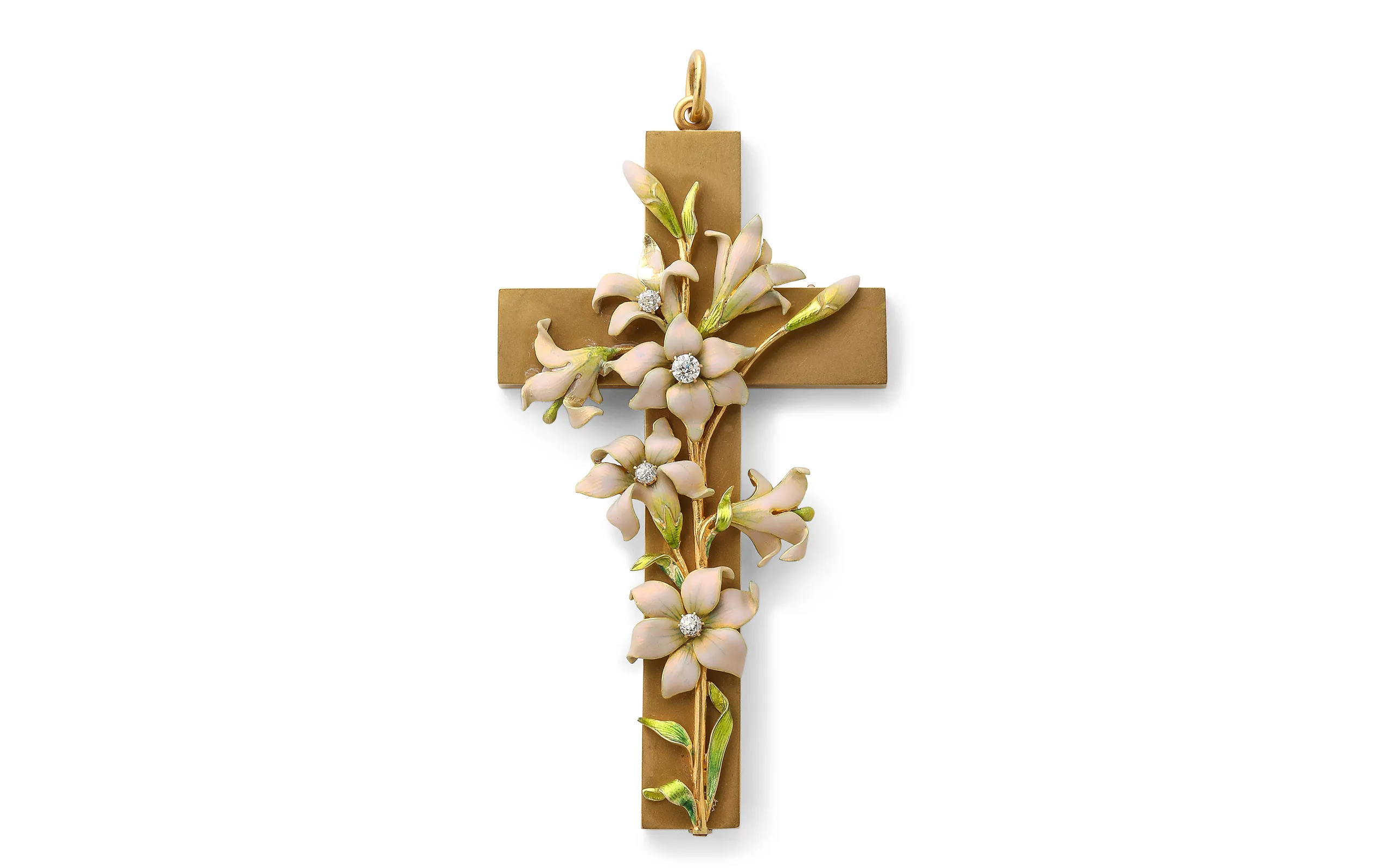 A La Vieille Russie will present this Krementz & Co. large gold pendant cross decorated with pink enamel flowers and diamonds (c. 1890) at TEFAF Maastricht 2025