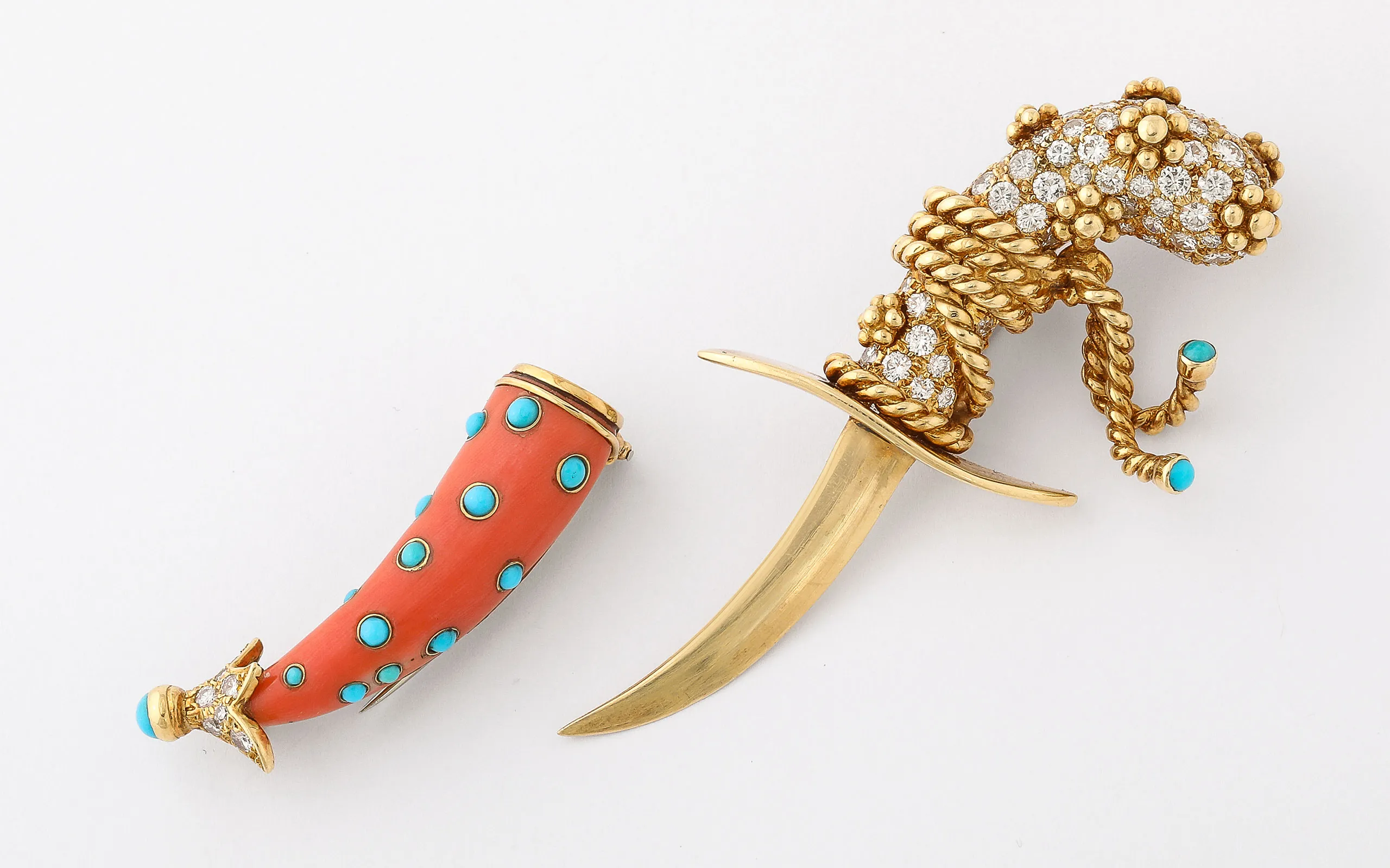 A La Vieille Russie will present this Donald Claflin for Tiffany & Co. diamond dagger brooch with coral and turquoise in 18k gold (c. 1960) at TEFAF Maastricht 2025